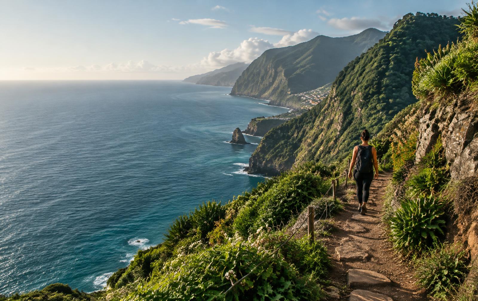 Viajante em uma trilha com vista para as montanhas e a costa da Madeira